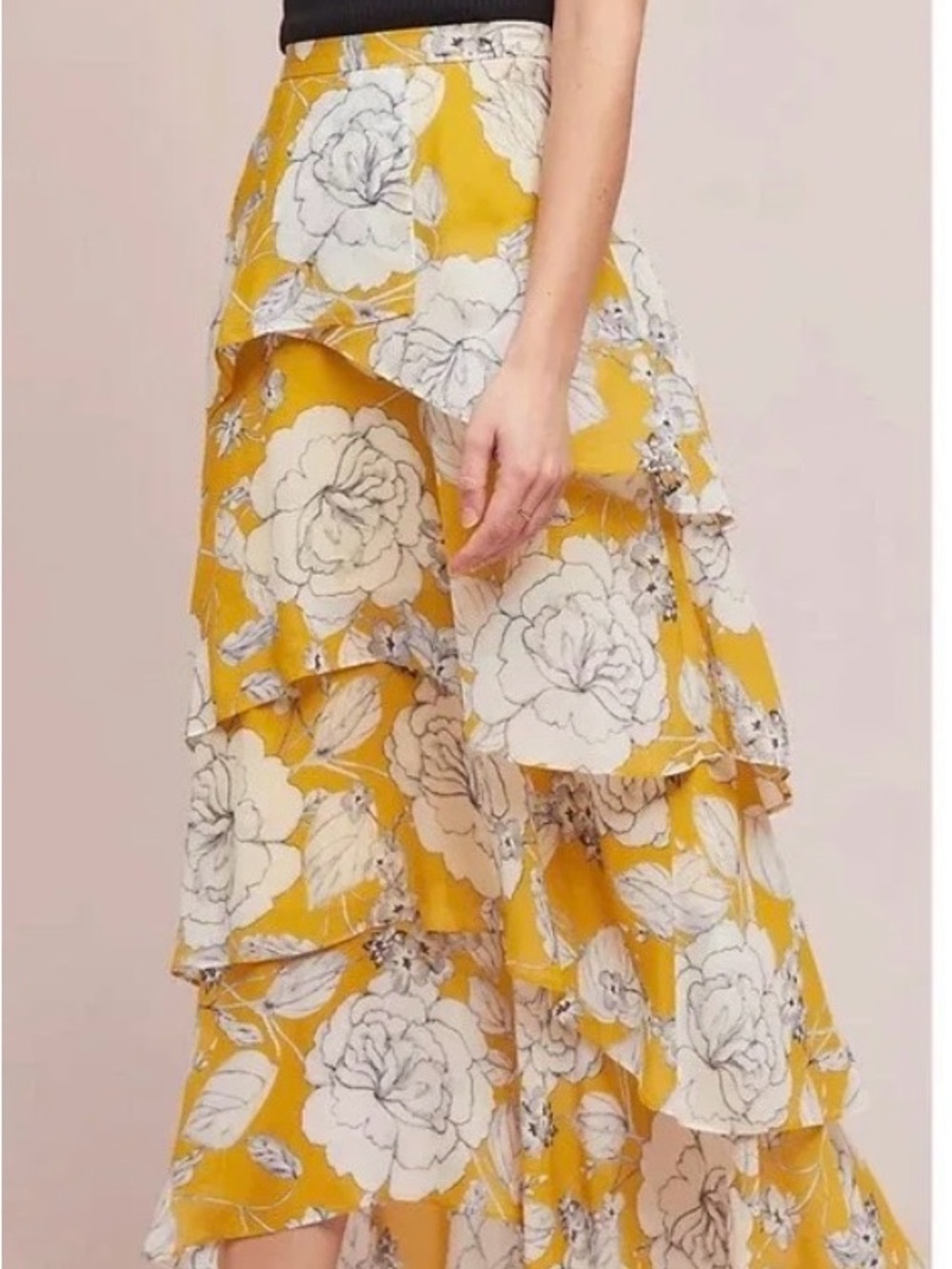 Anthropologie Yellow Floral Tiered High-Low Skirt